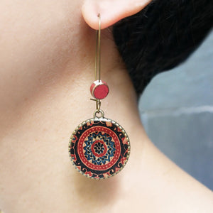 Hoop Earrings  with ceramic bead - Ajrakh, Red, Block Print, Gujarat