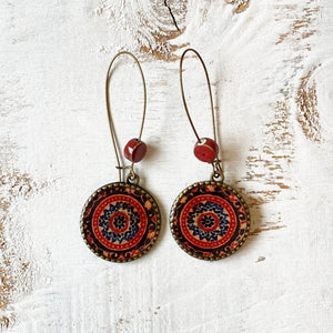 Hoop Earrings  with ceramic bead - Ajrakh, Red, Block Print, Gujarat