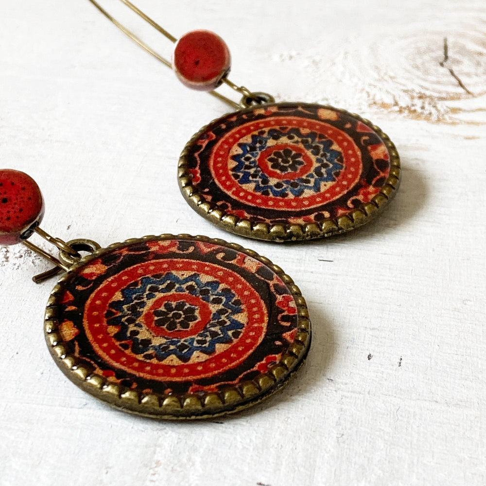 Hoop Earrings  with ceramic bead - Ajrakh, Red, Block Print, Gujarat