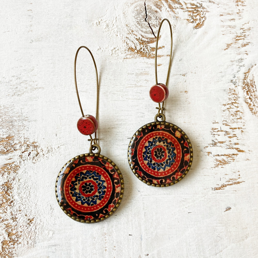 Hoop Earrings  with ceramic bead - Ajrakh, Red, Block Print, Gujarat