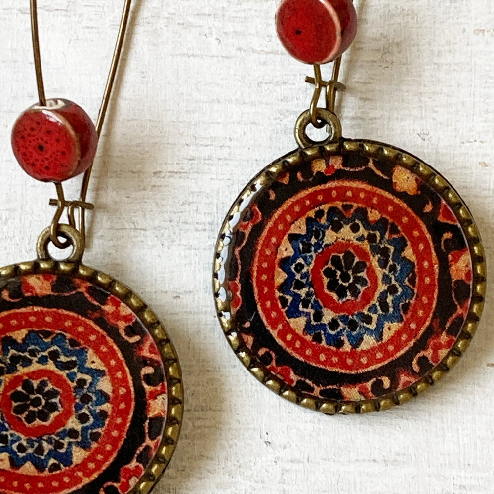 Hoop Earrings  with ceramic bead - Ajrakh, Red, Block Print, Gujarat