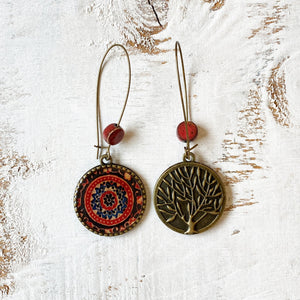 Hoop Earrings  with ceramic bead - Ajrakh, Red, Block Print, Gujarat