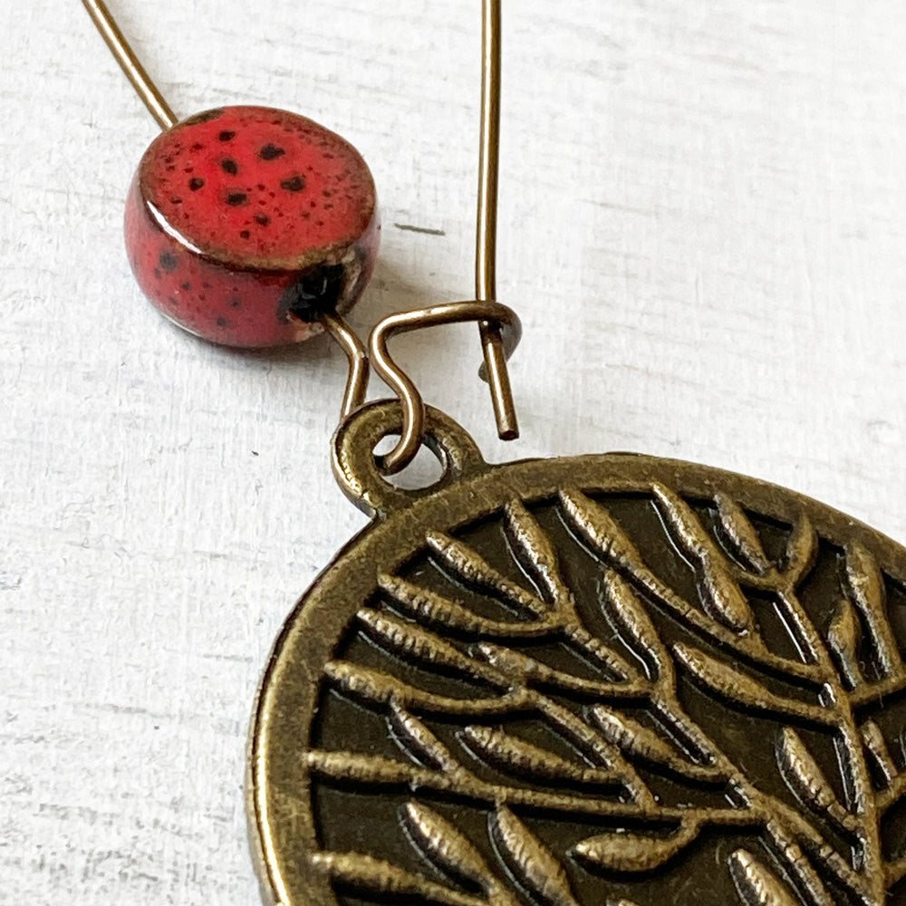 Hoop Earrings  with ceramic bead - Ajrakh, Red, Block Print, Gujarat