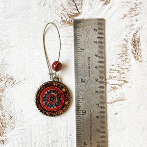 Hoop Earrings  with ceramic bead - Ajrakh, Red, Block Print, Gujarat