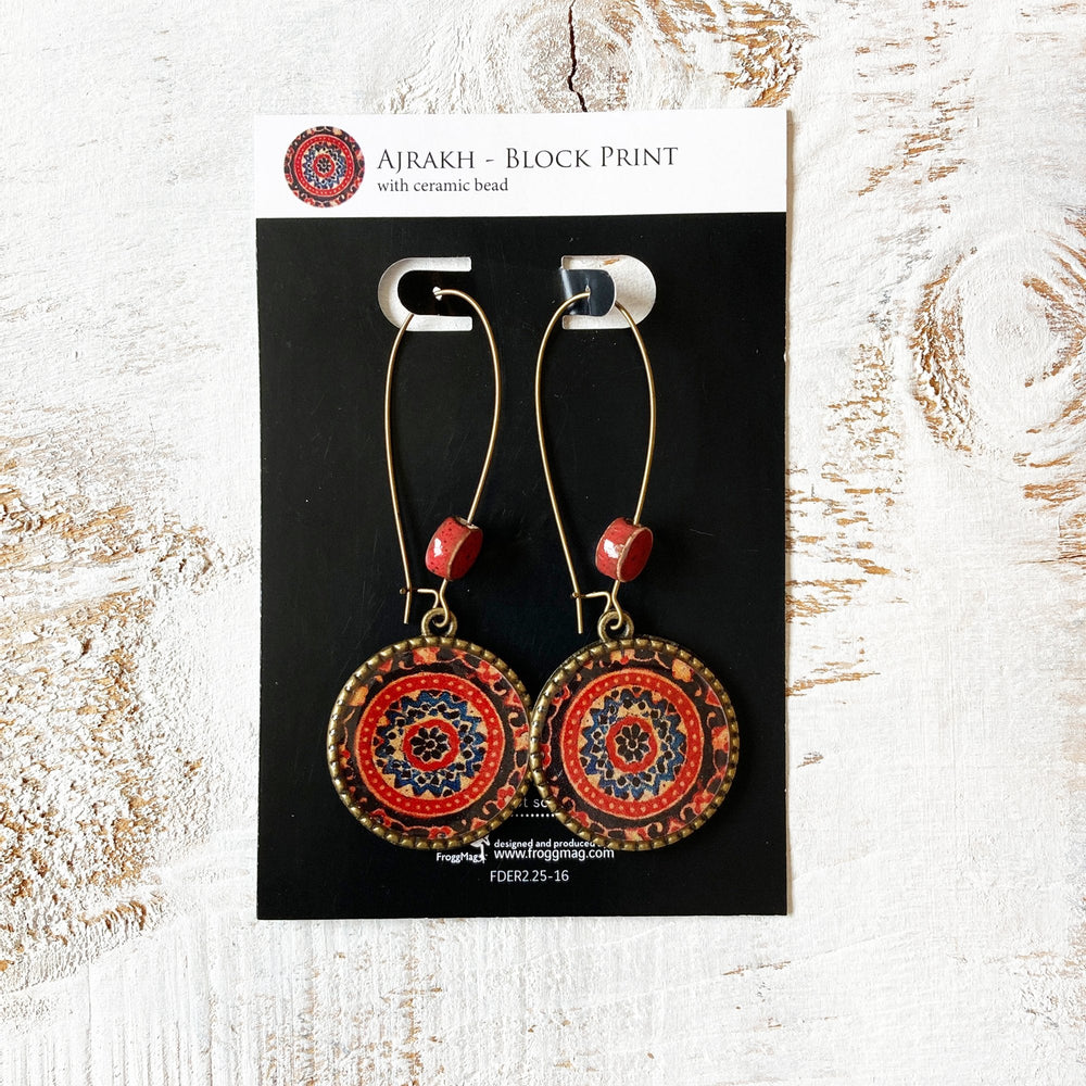 Hoop Earrings  with ceramic bead - Ajrakh, Red, Block Print, Gujarat