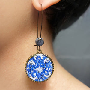 Hoop Earrings  with ceramic bead - Mughal Ceramic Platter, Blue