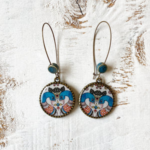 Hoop Earrings  with ceramic bead - Kalamkari Peacock, Andhra Pradesh