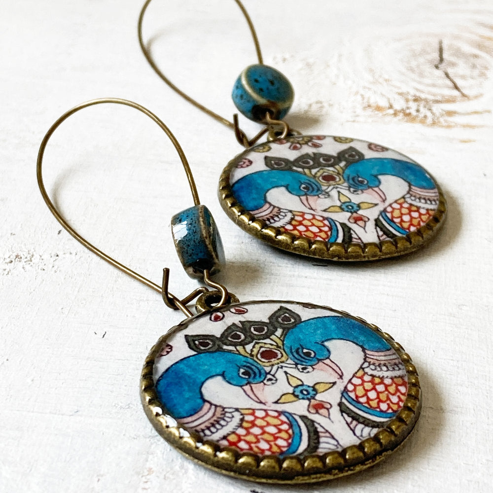 Hoop Earrings  with ceramic bead - Kalamkari Peacock, Andhra Pradesh