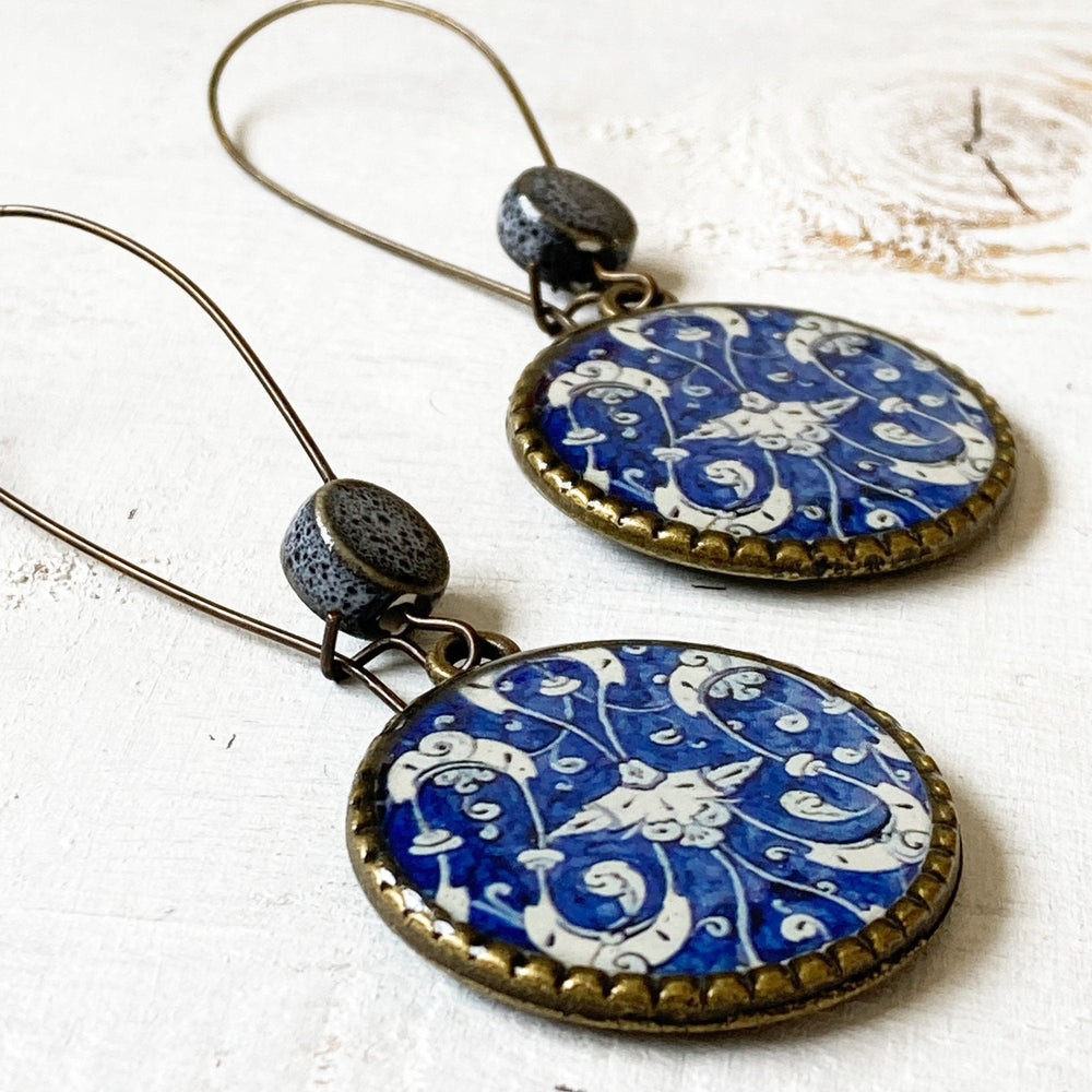 Hoop Earrings  with ceramic bead - Mughal Ceramic Platter, Blue