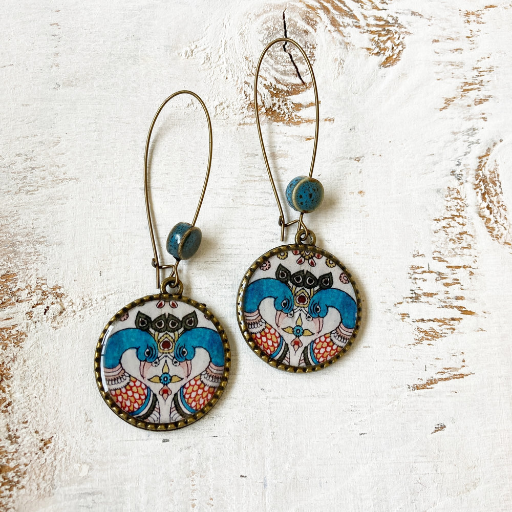 Hoop Earrings  with ceramic bead - Kalamkari Peacock, Andhra Pradesh