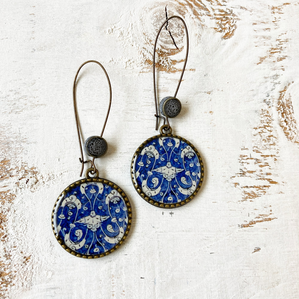 Hoop Earrings  with ceramic bead - Mughal Ceramic Platter, Blue