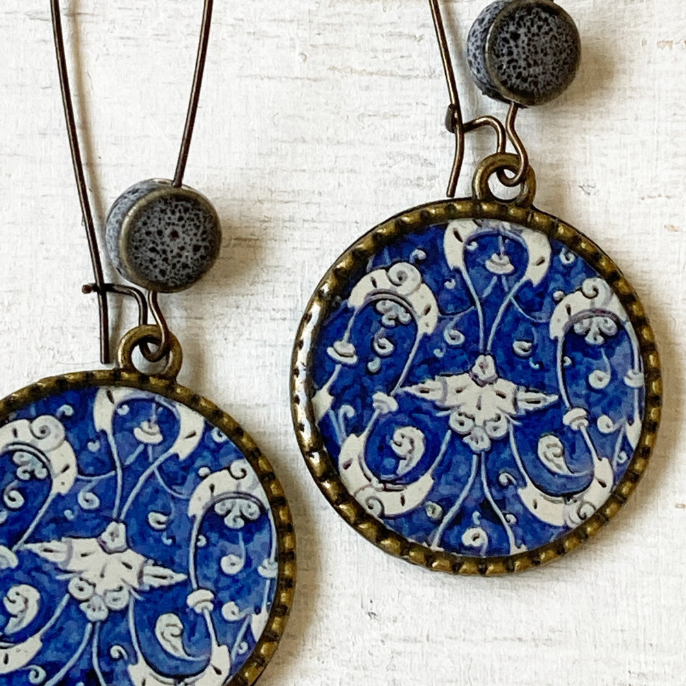 Hoop Earrings  with ceramic bead - Mughal Ceramic Platter, Blue