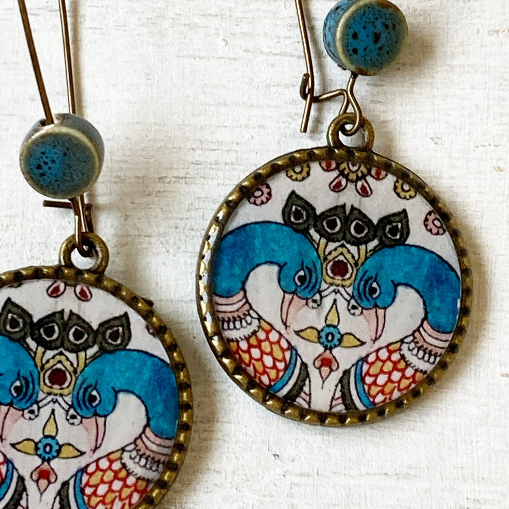 Hoop Earrings  with ceramic bead - Kalamkari Peacock, Andhra Pradesh