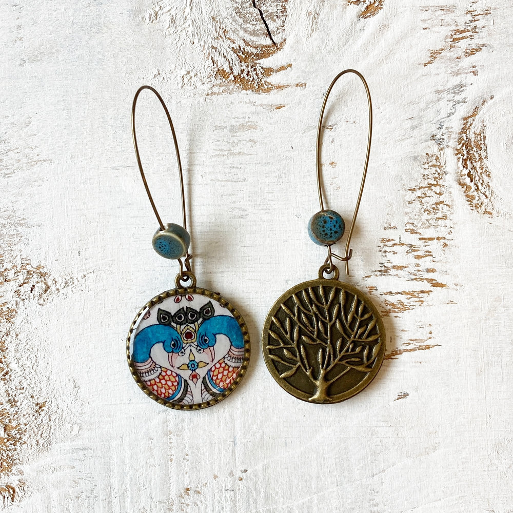 Hoop Earrings  with ceramic bead - Kalamkari Peacock, Andhra Pradesh