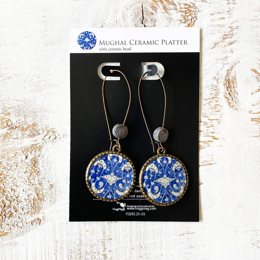 Hoop Earrings  with ceramic bead - Mughal Ceramic Platter, Blue