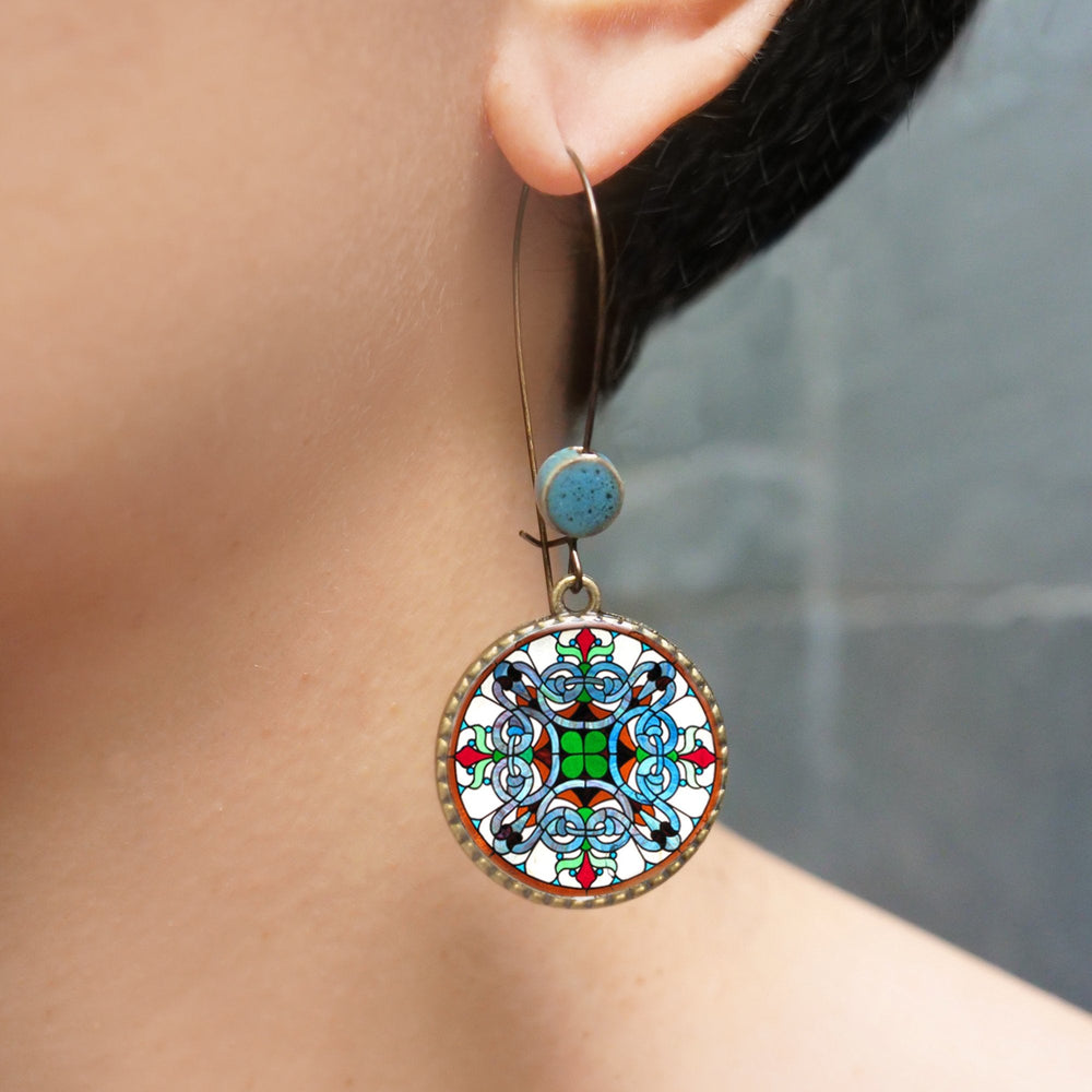 Hoop Earrings  with ceramic bead - CSMT - Mumbai, Stained Glass