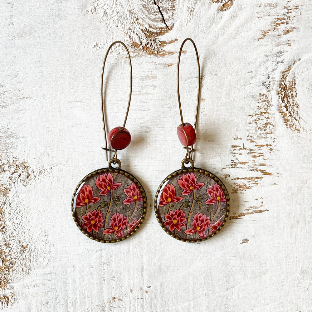 Hoop Earrings  with ceramic bead - Lotus City Palace, Mural