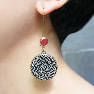 Hoop Earrings  with ceramic bead - Hand Carved Block, Detail