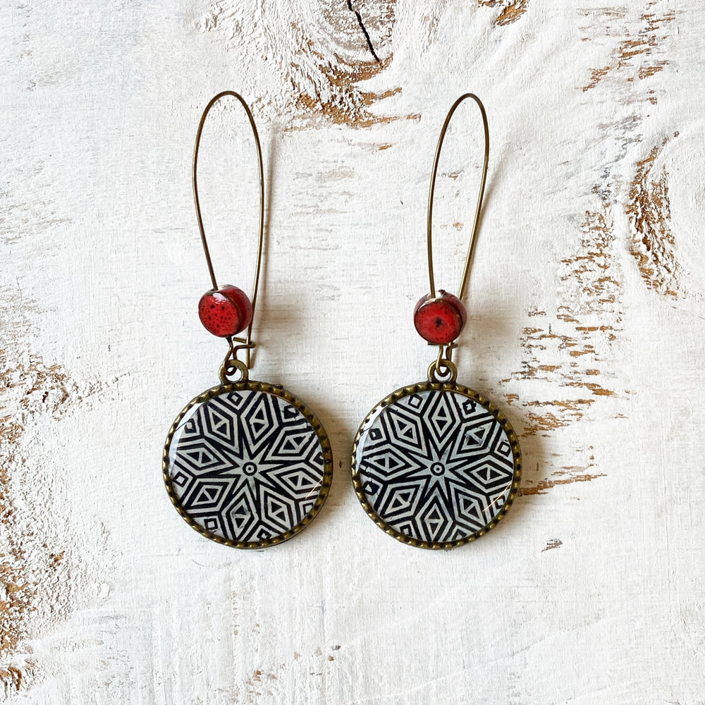 Hoop Earrings  with ceramic bead - Hand Carved Block, Detail