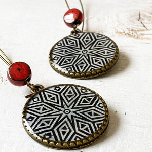 Hoop Earrings  with ceramic bead - Hand Carved Block, Detail