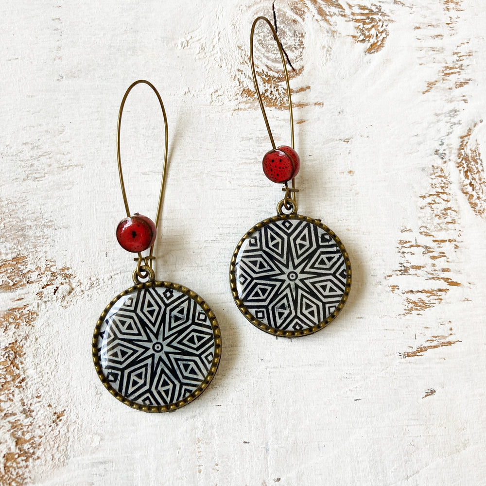 Hoop Earrings  with ceramic bead - Hand Carved Block, Detail