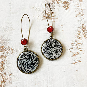 Hoop Earrings  with ceramic bead - Hand Carved Block, Detail