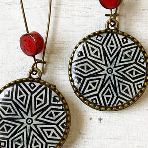 Hoop Earrings  with ceramic bead - Hand Carved Block, Detail