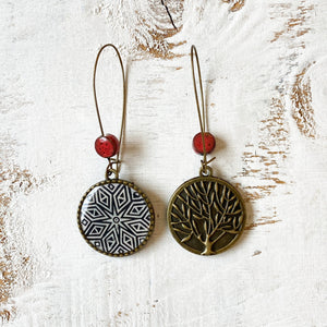 Hoop Earrings  with ceramic bead - Hand Carved Block, Detail