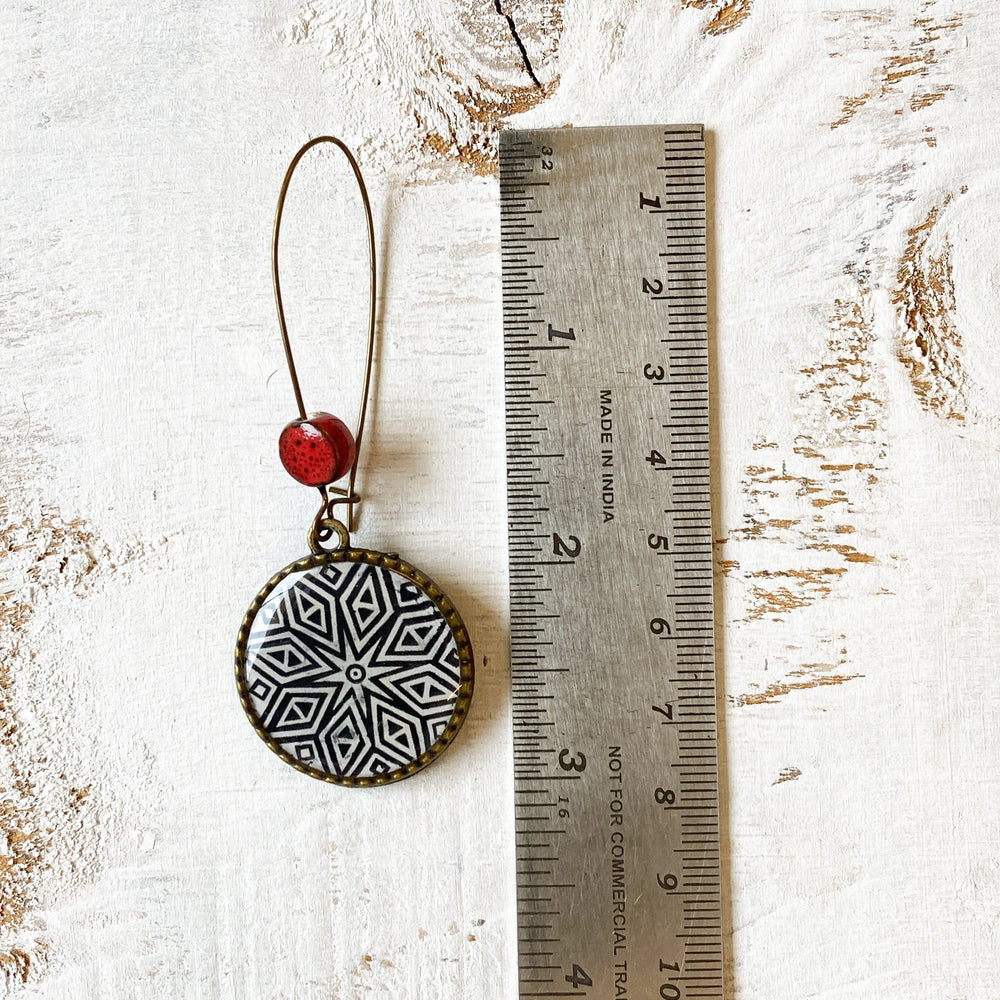 Hoop Earrings  with ceramic bead - Hand Carved Block, Detail