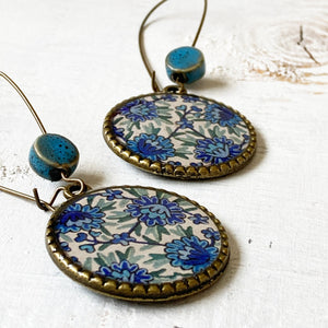 Hoop Earrings  with ceramic bead - Kashida - Kashmir, Hand Embroidery