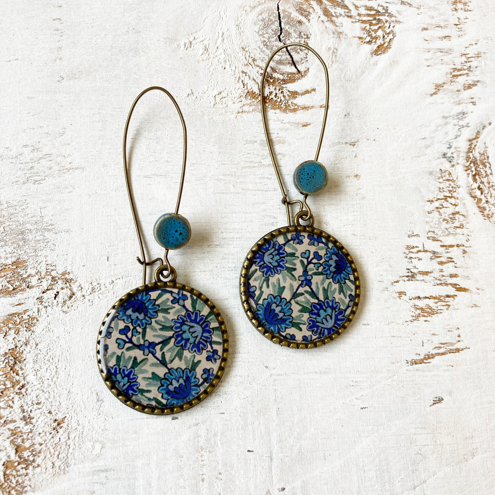 Hoop Earrings  with ceramic bead - Kashida - Kashmir, Hand Embroidery