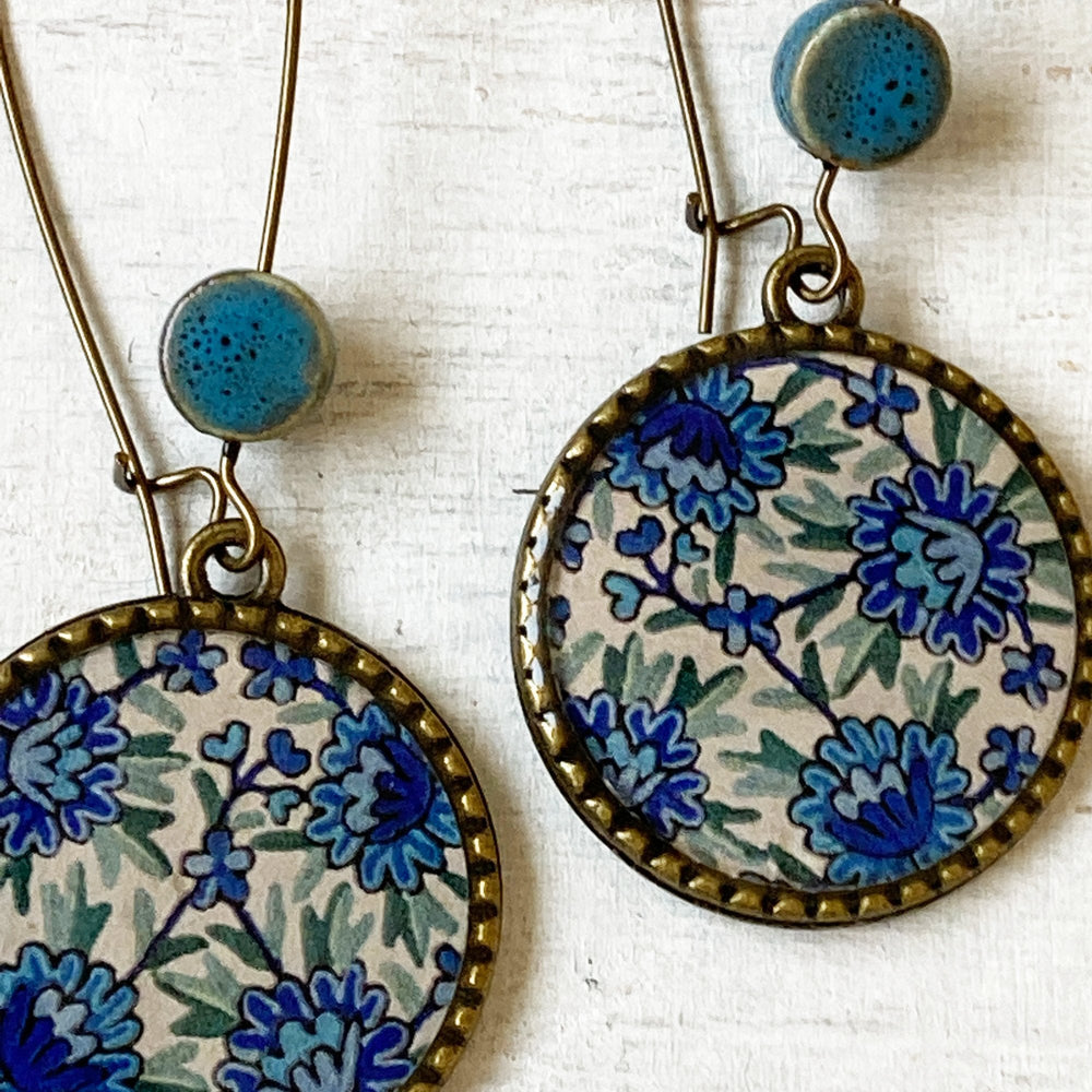 Hoop Earrings  with ceramic bead - Kashida - Kashmir, Hand Embroidery