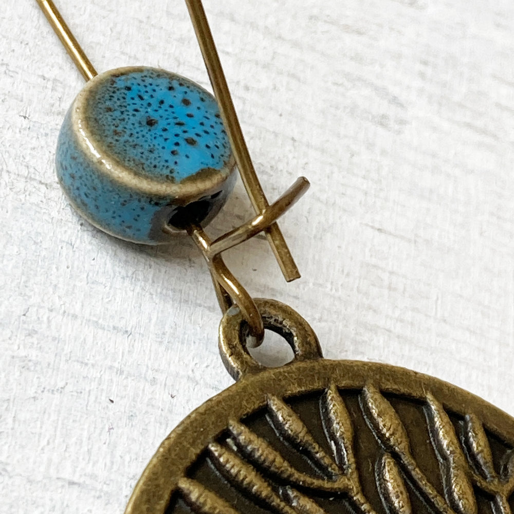 Hoop Earrings  with ceramic bead - Kashida - Kashmir, Hand Embroidery