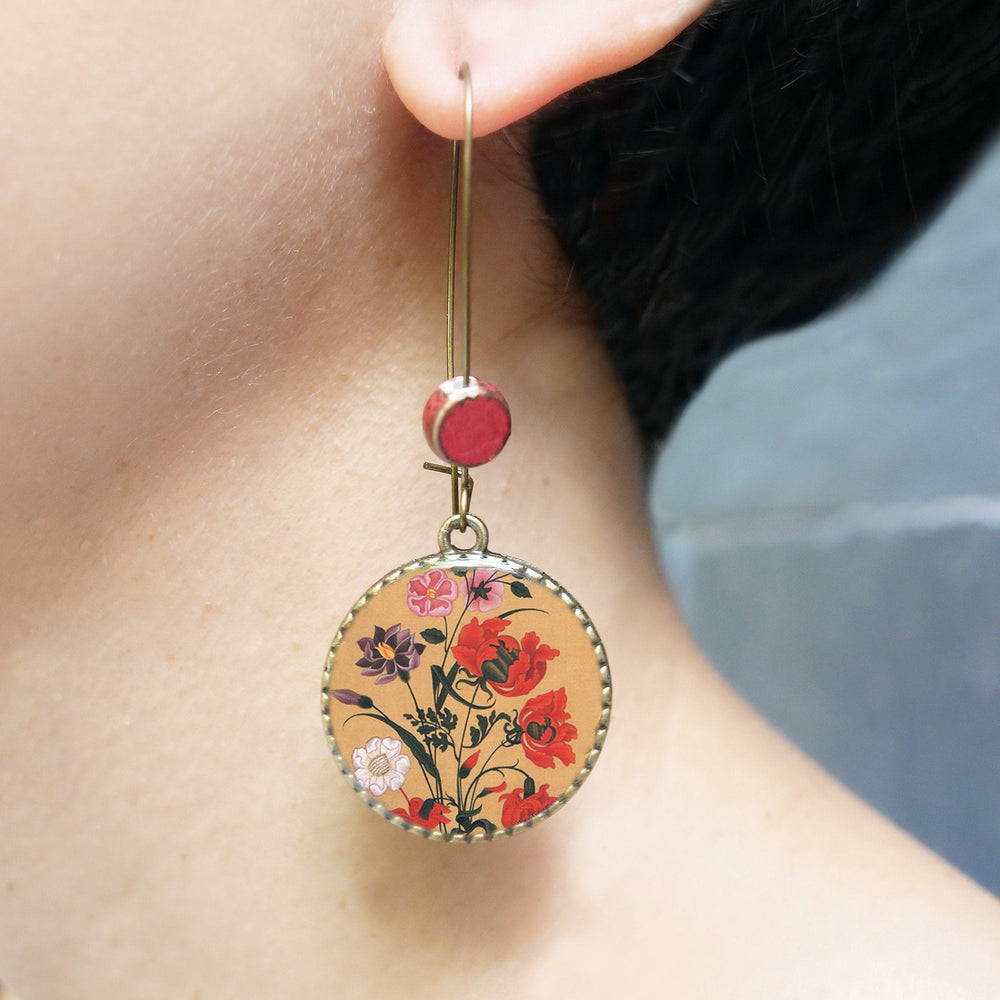 Hoop Earrings  with ceramic bead - Mughal Flowers