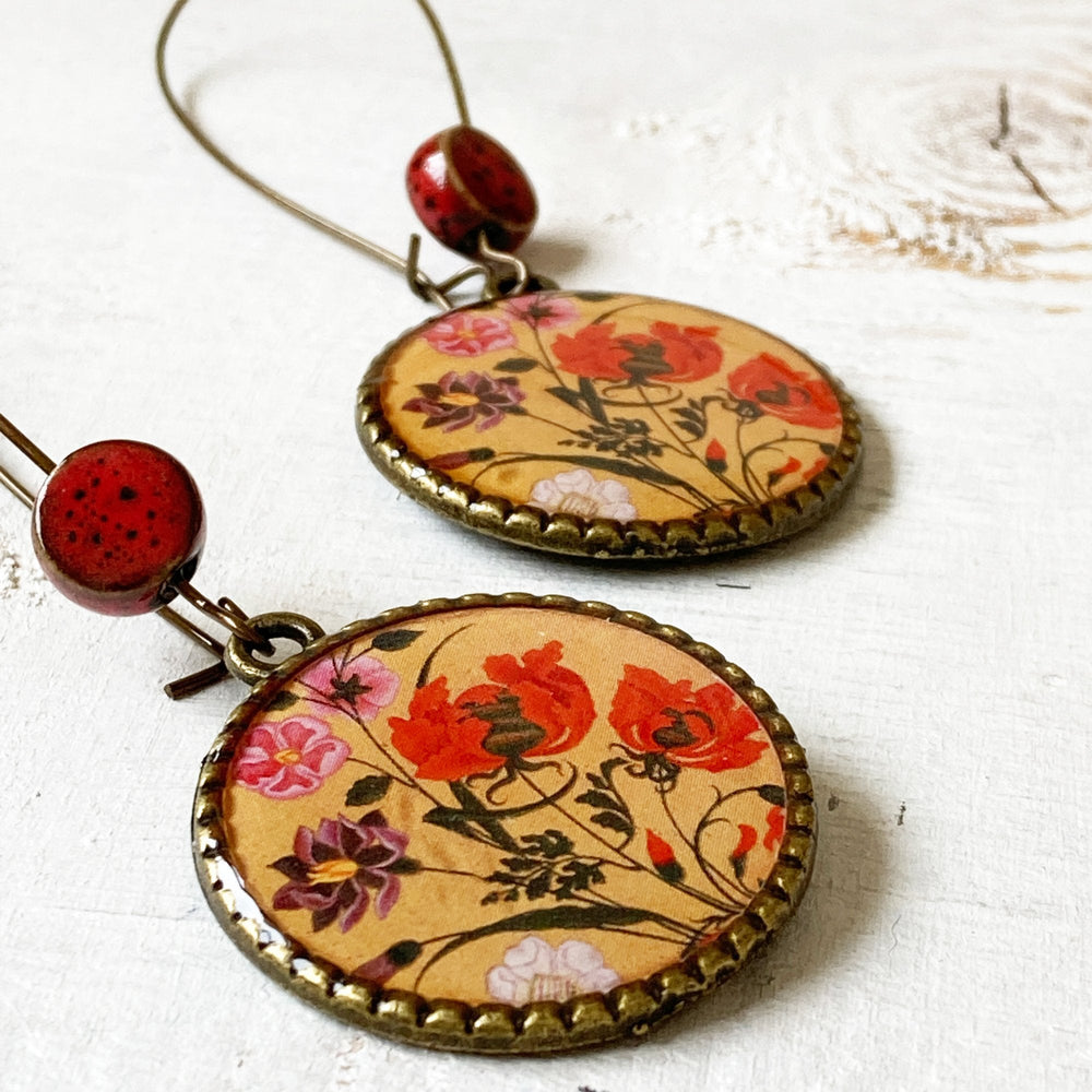 Hoop Earrings  with ceramic bead - Mughal Flowers