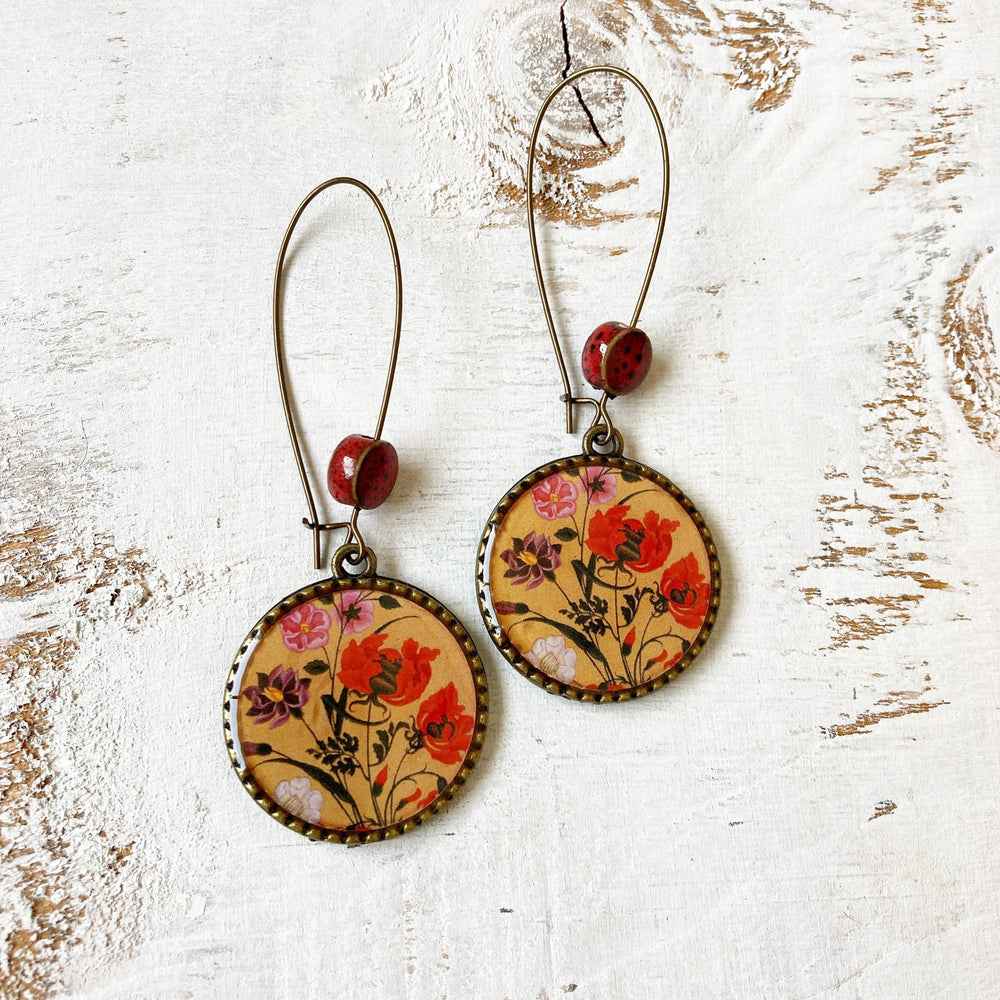 Hoop Earrings  with ceramic bead - Mughal Flowers