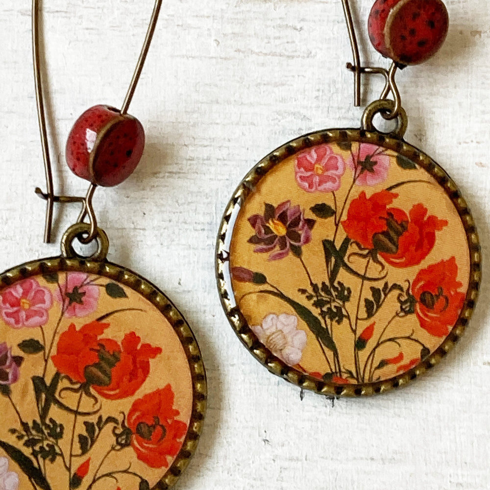 Hoop Earrings  with ceramic bead - Mughal Flowers