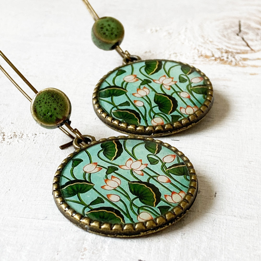 Hoop Earrings  with ceramic bead - Lotus, Pichwai Painting, Rajasthan