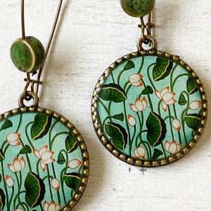 Hoop Earrings  with ceramic bead - Lotus, Pichwai Painting, Rajasthan