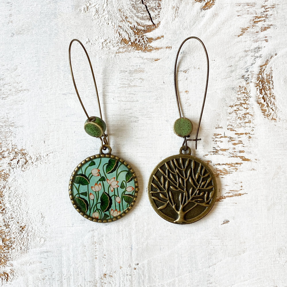 Hoop Earrings  with ceramic bead - Lotus, Pichwai Painting, Rajasthan