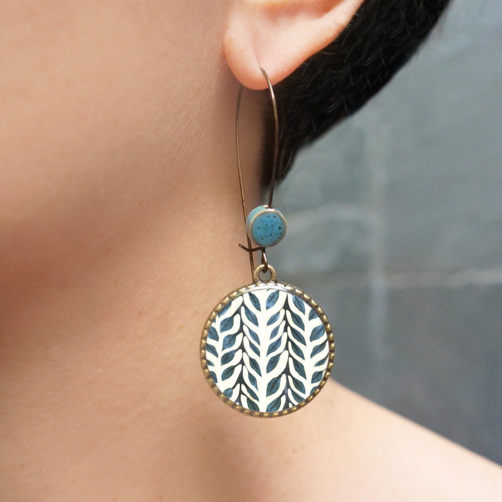 Hoop Earrings  with ceramic bead - Blue Vines - Batik On Silk