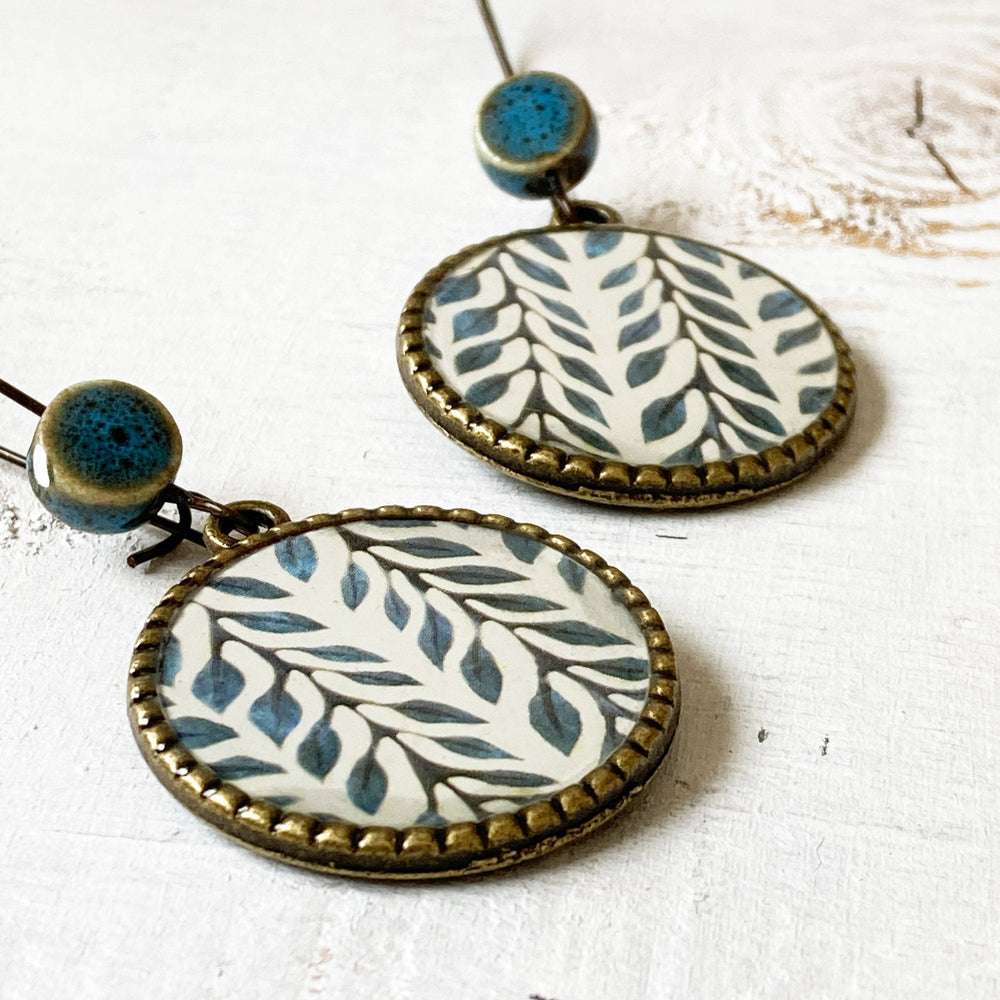 Hoop Earrings  with ceramic bead - Blue Vines - Batik On Silk