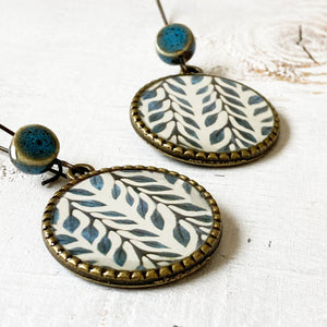 Hoop Earrings  with ceramic bead - Blue Vines - Batik On Silk