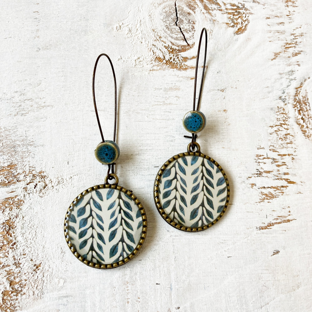 Hoop Earrings  with ceramic bead - Blue Vines - Batik On Silk