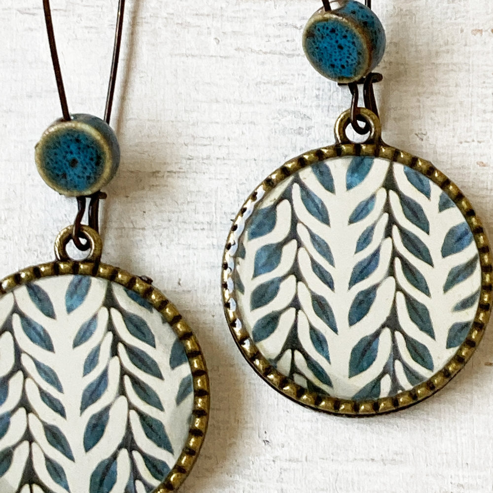 Hoop Earrings  with ceramic bead - Blue Vines - Batik On Silk