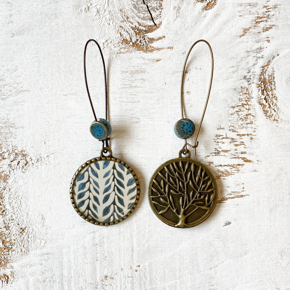 Hoop Earrings  with ceramic bead - Blue Vines - Batik On Silk