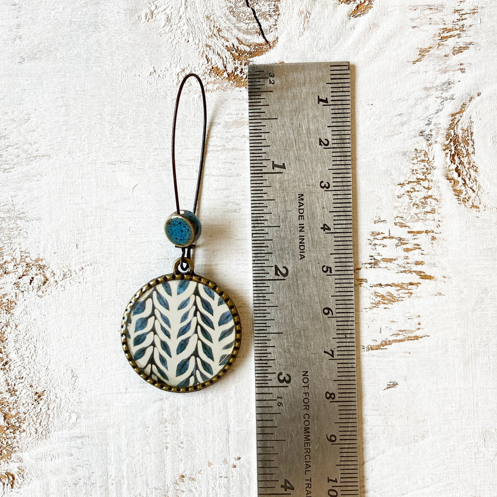 Hoop Earrings  with ceramic bead - Blue Vines - Batik On Silk