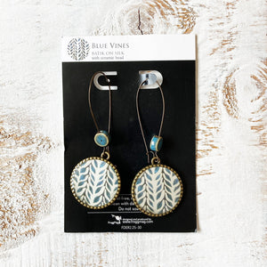 Hoop Earrings  with ceramic bead - Blue Vines - Batik On Silk