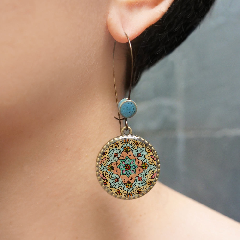 Hoop Earrings  with ceramic bead - Kashmiri Papier Mache - Blue Centre