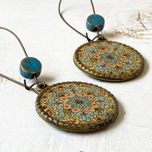 Hoop Earrings  with ceramic bead - Kashmiri Papier Mache - Blue Centre